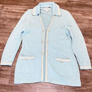 Vintage ST.JOHN Cardigan Marie Gray Cardigan Size 4 Sweater Jacket Blue Knit USA